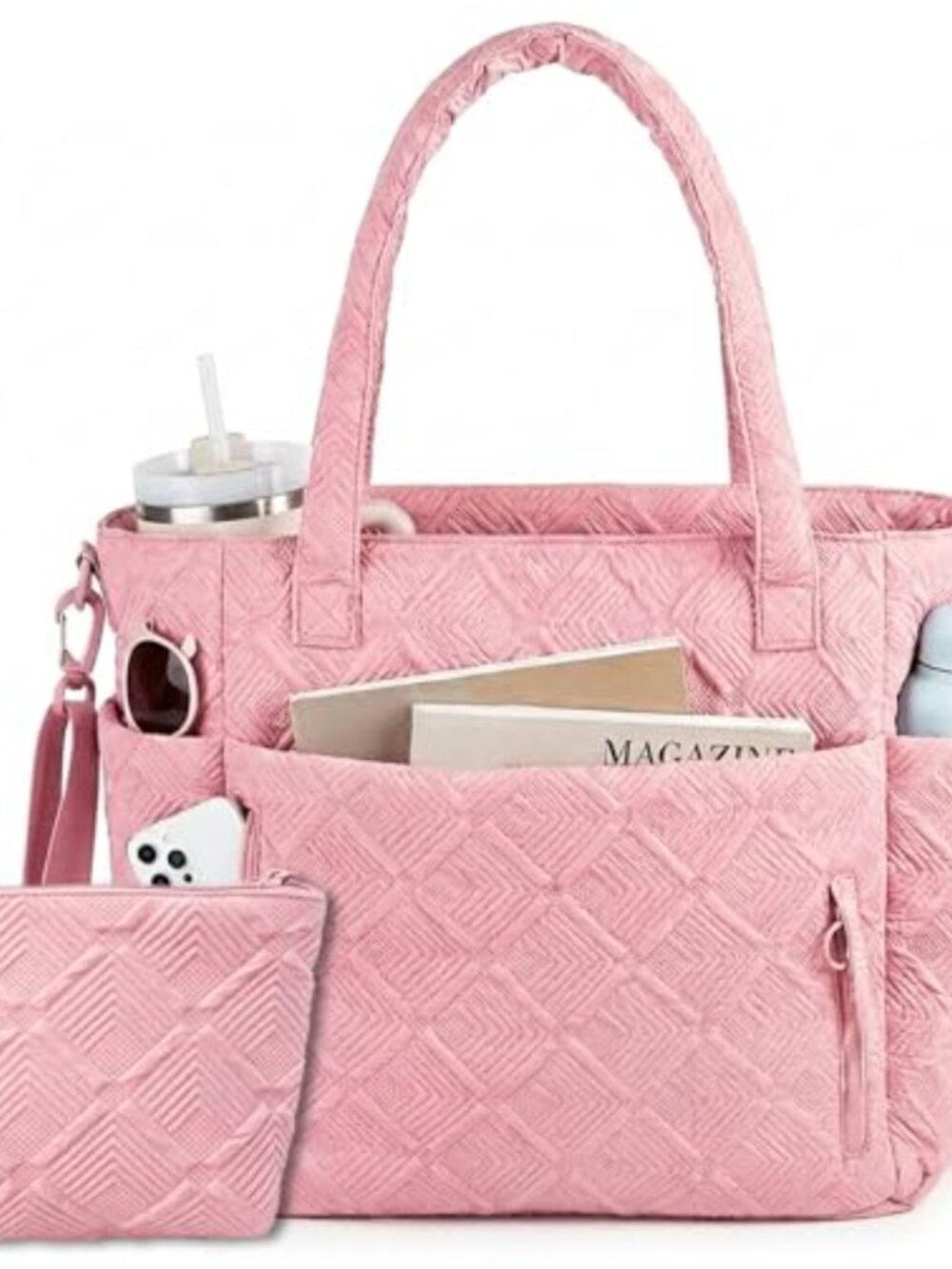Puffy Quilted Tote Bag with Zipper, Large Lightweight Shoulder Bag for Travel